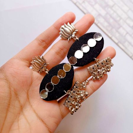 Plain Black Mirror And Silver Ghungroo Earrings